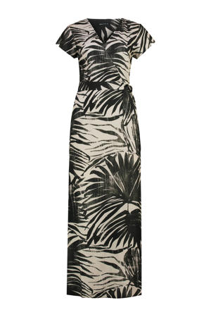maxi jurk met bladprint zwart/zandkleur