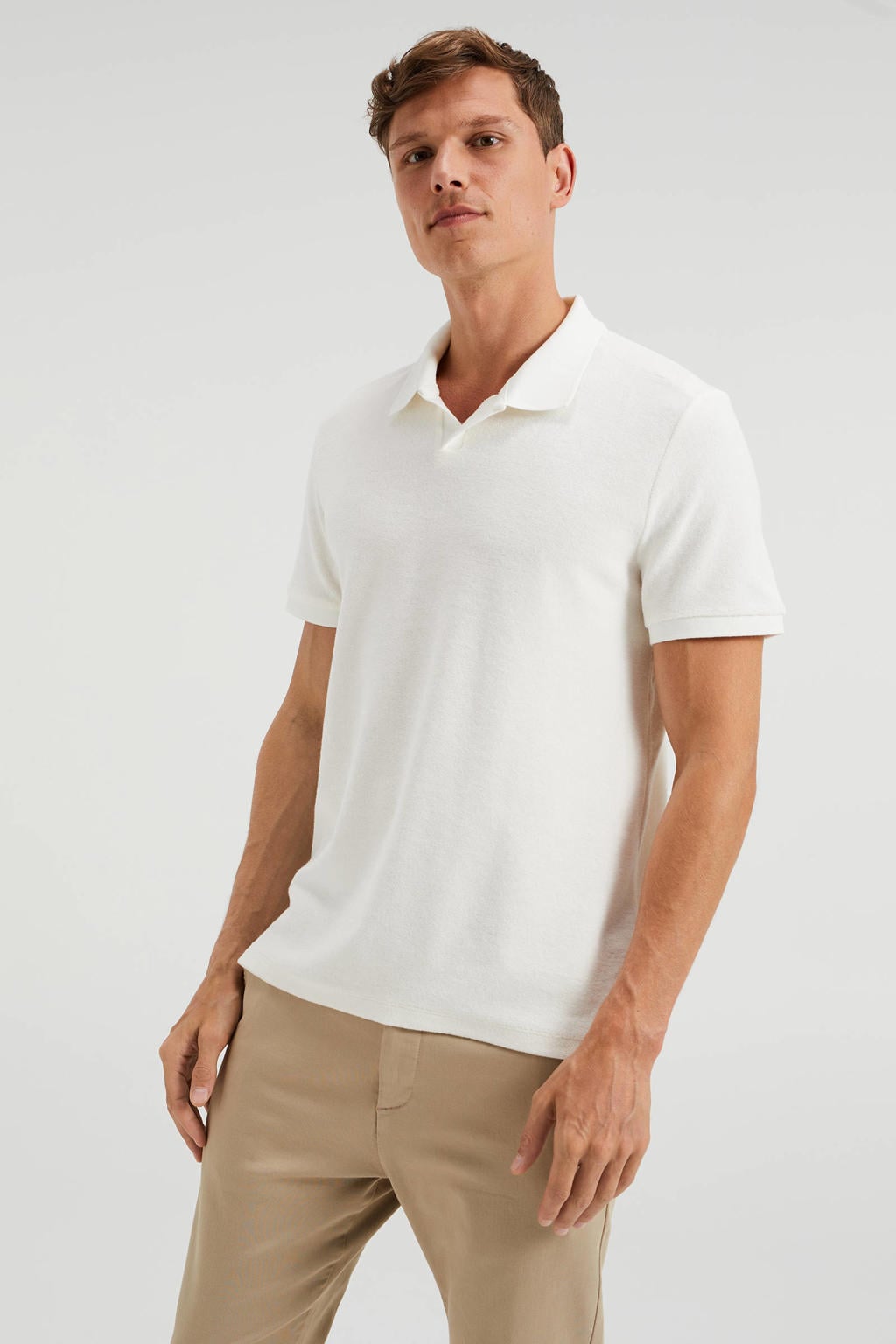 Witte heren WE Fashion badstof slim fit polo met korte mouwen en klassieke kraag