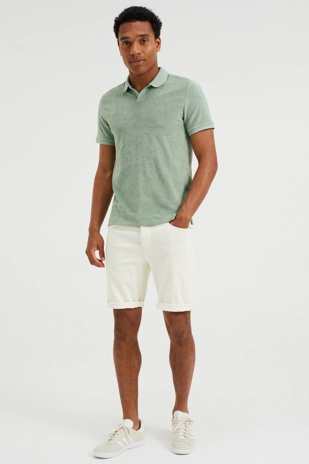 Lichtgroene heren WE Fashion badstof slim fit polo met korte mouwen en klassieke kraag