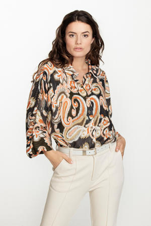 geweven blouse met paisleyprint grijs/oranje/olijfgroen