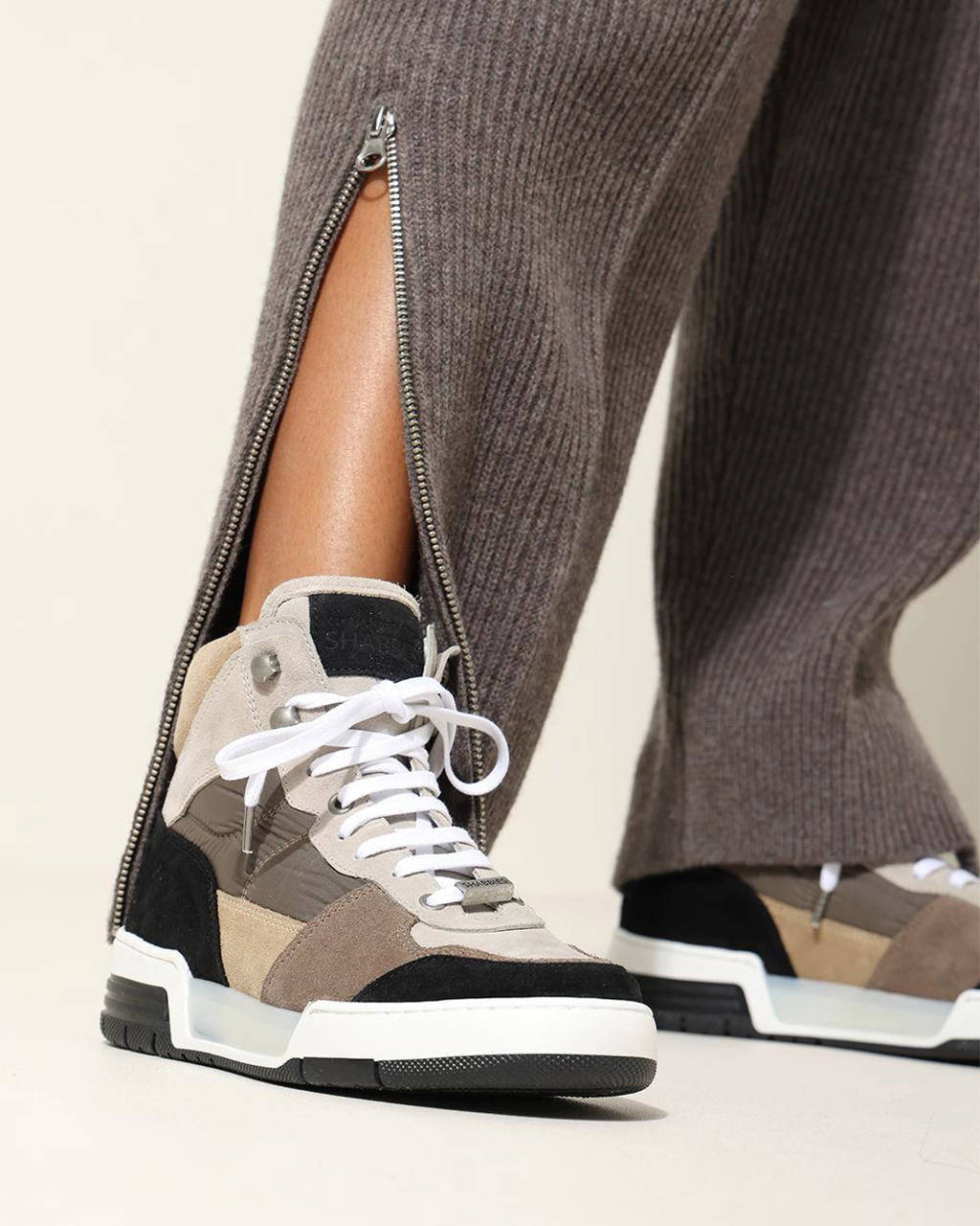 Shabbies Amsterdam Revin leren sneakers taupe/bruin wehkamp