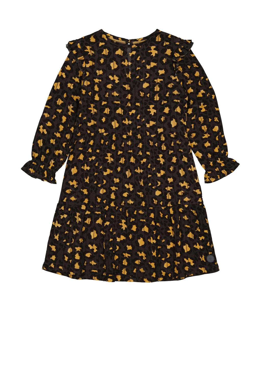 LEVV A-lijn jurk Basma met panterprint en ruches donkergrijs/geel