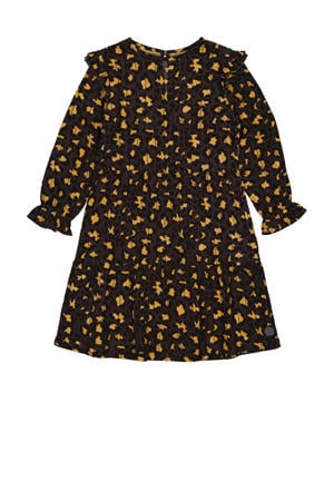A-lijn jurk Basma met panterprint en ruches donkergrijs/geel