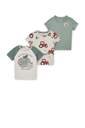 T-shirt - set van 3 grijsgroen/wit/rood