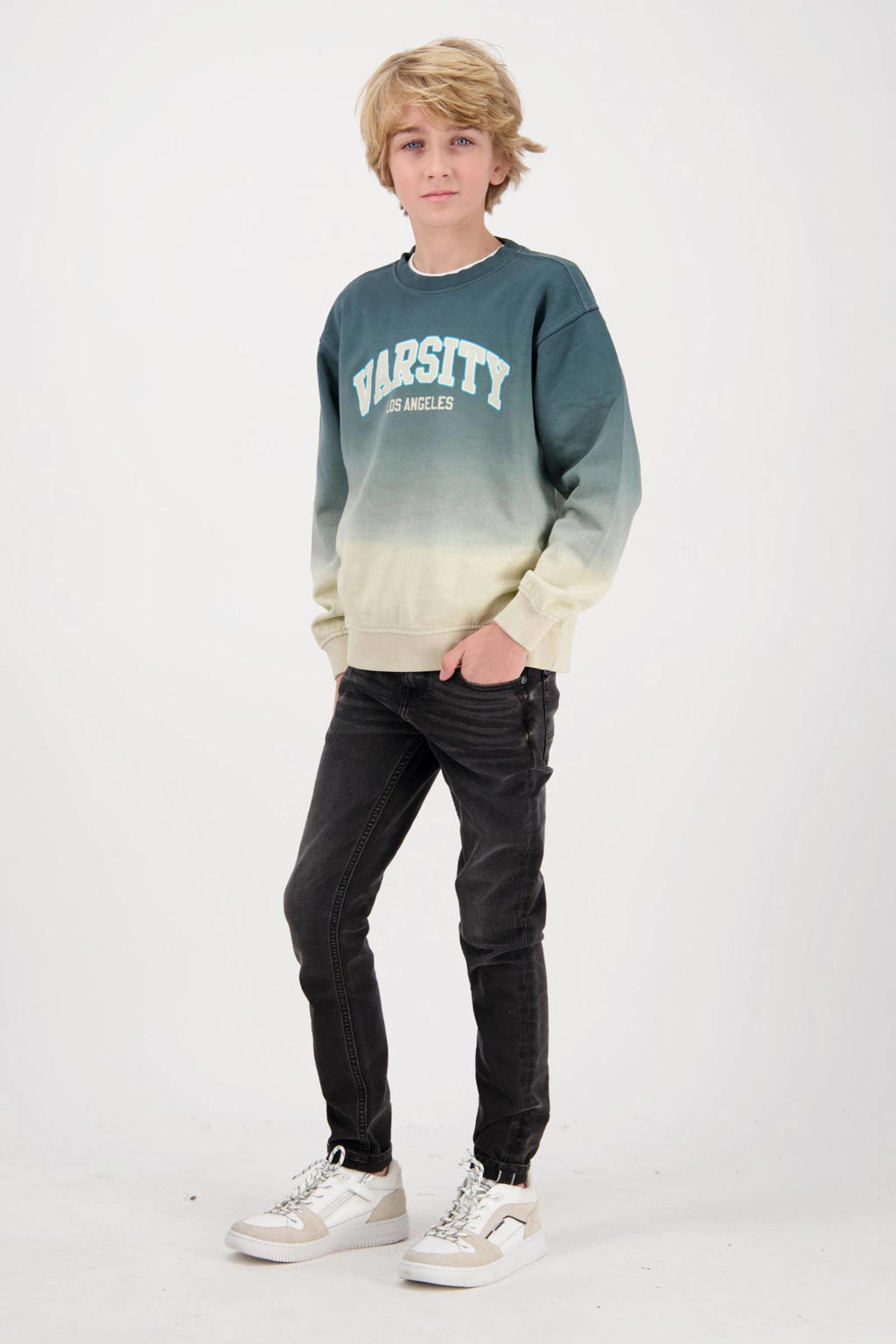 Vingino sweater Nicel met tekst donkergroen/wit