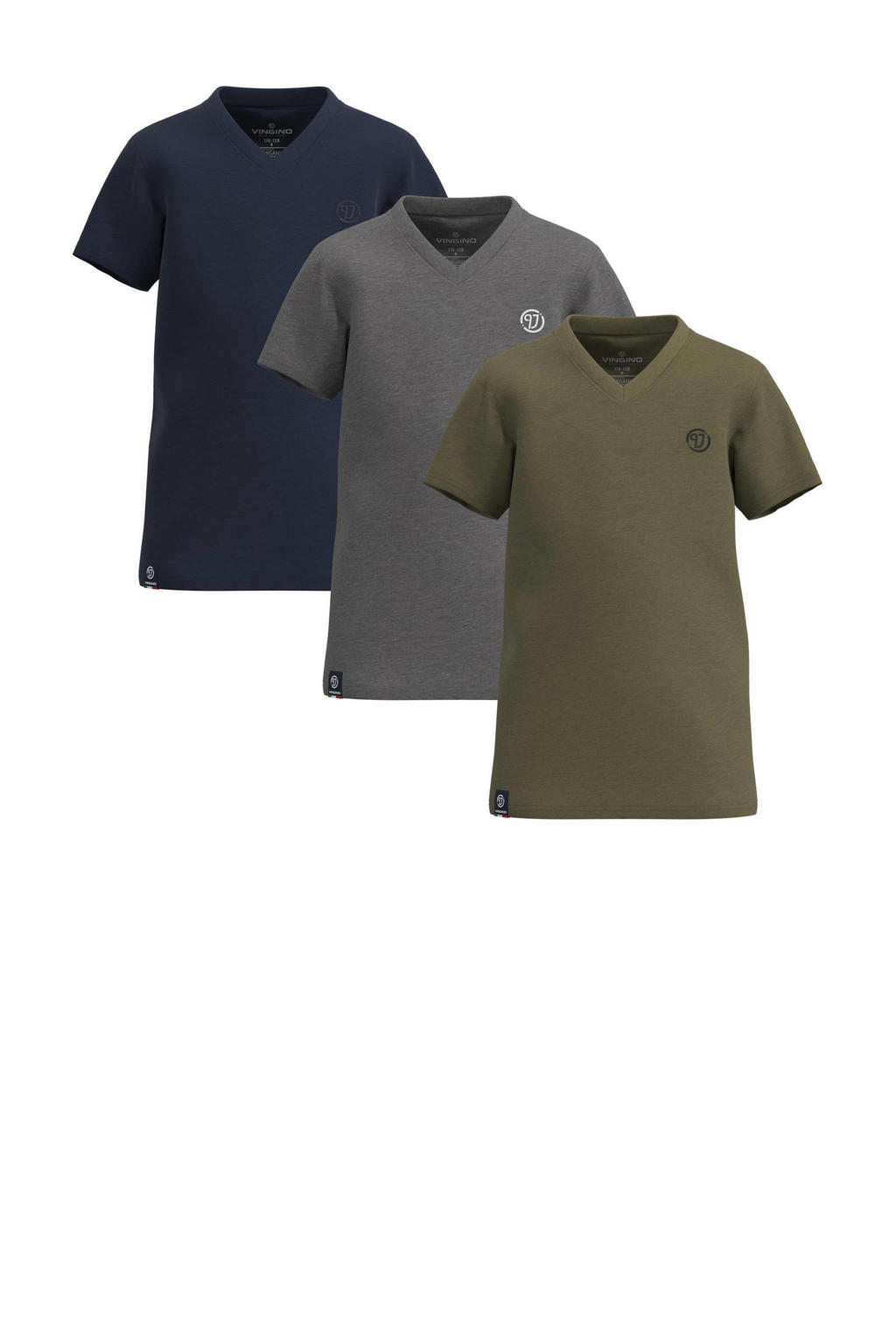 Vingino T-shirt - set van 3 kaki/grijs/donkerblauw