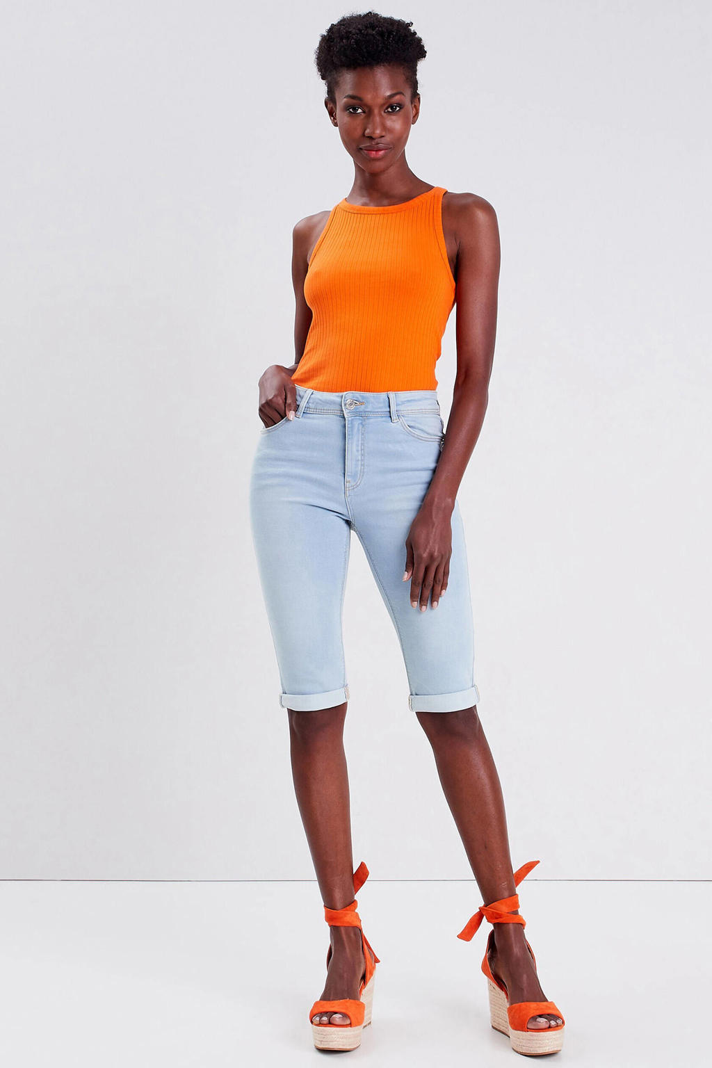 Lichtblauwe dames Cache Cache slim fit korte jeans van stretchdenim met regular waist en effen