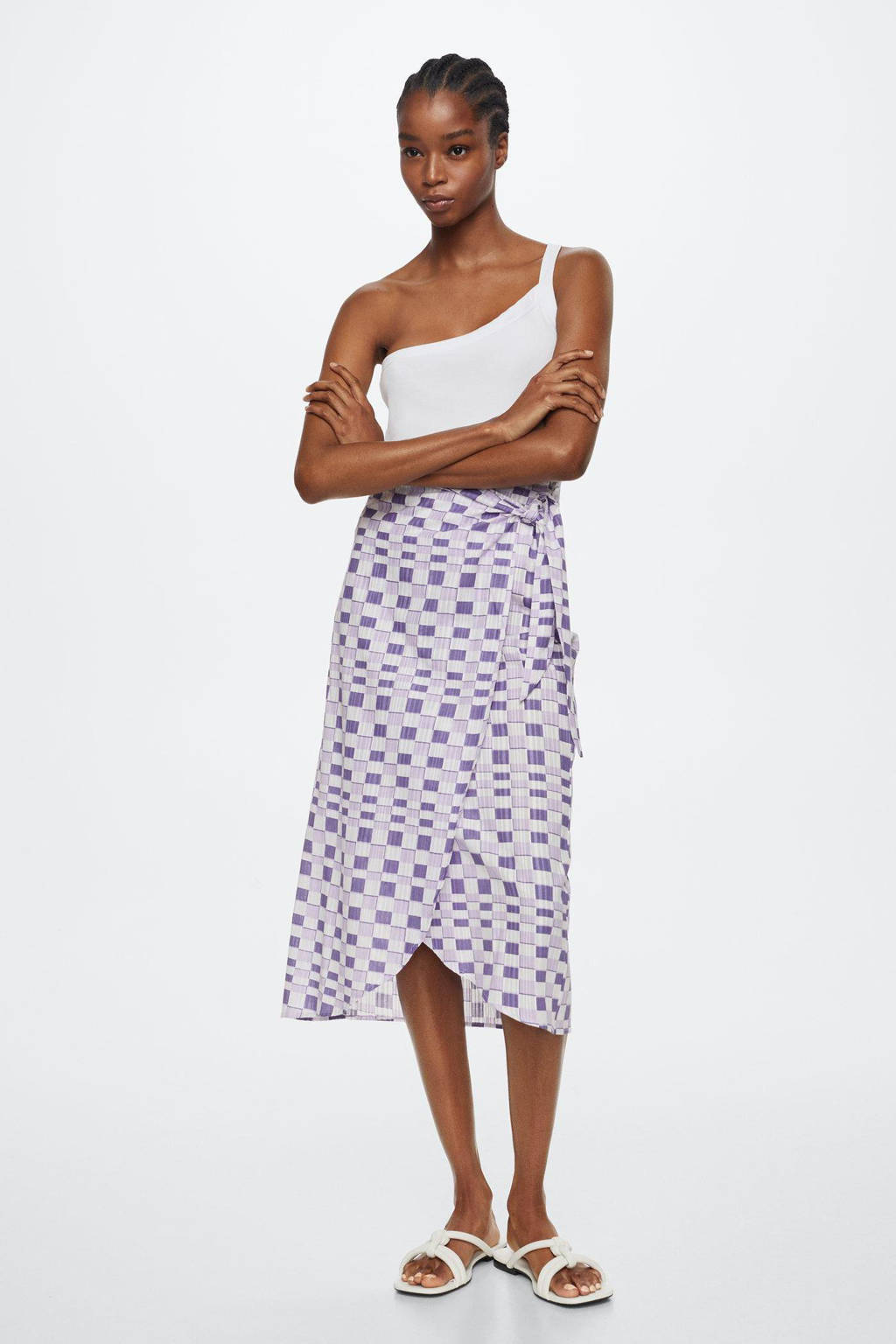 Paarse dames Mango rok met grafische print gemaakt van katoen en met striksluiting