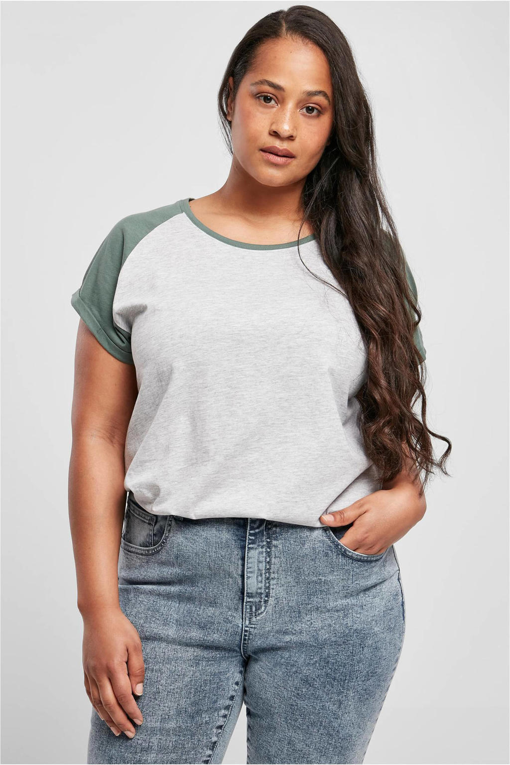 Lichtgrijs en groene dames Urban Classics Curvy gemeleerd T-shirt van katoen met korte mouwen, ronde hals en omslagdetail