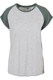 thumbnail: Lichtgrijs en groene dames Urban Classics Curvy gemêleerd T-shirt van katoen met kapmouwtjes, ronde hals en omslagdetail