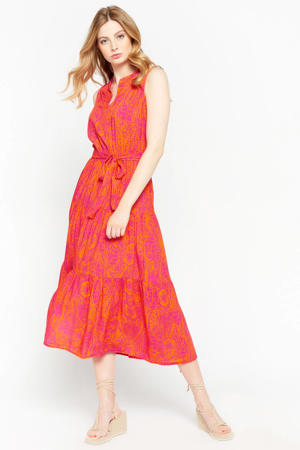 A-lijn jurk met paisleyprint en ruches oranje/roze