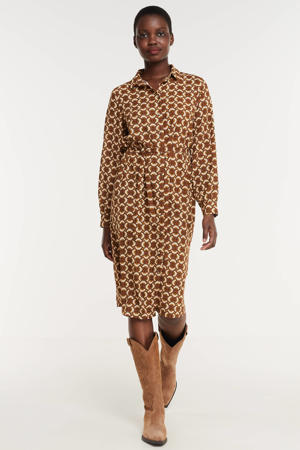 A-lijn jurk met all over print en ceintuur bruin/beige