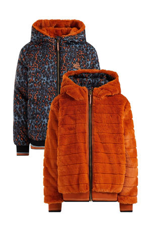 gewatteerde winterjas met all over print oranje/blauw