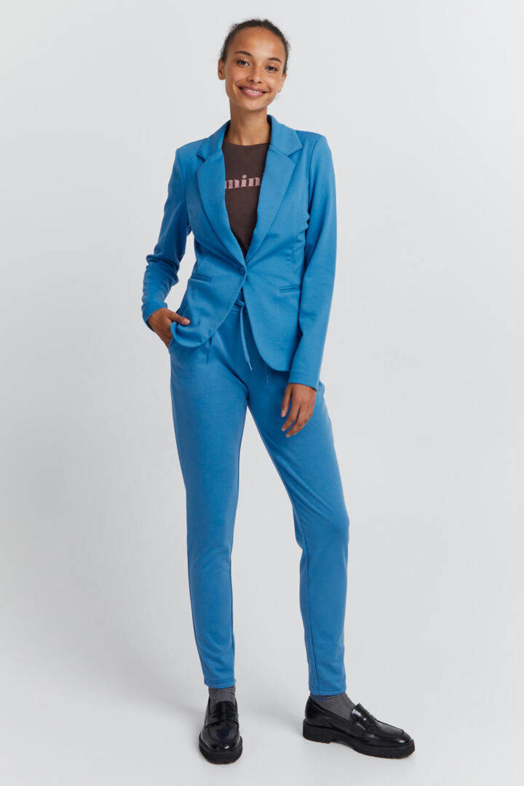 Blauwe dames ICHI blazer van jersey met lange mouwen, reverskraag en knoopsluiting