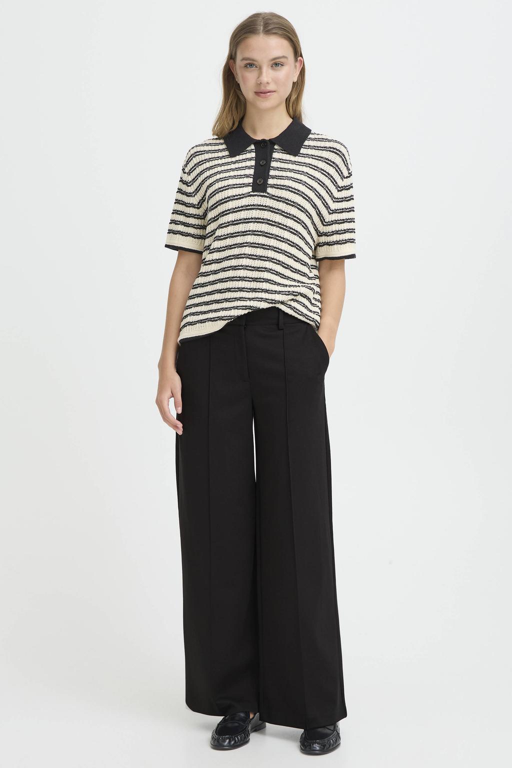 Zwarte dames ICHI wide leg pantalon van polyester met rits- en haaksluiting en effen