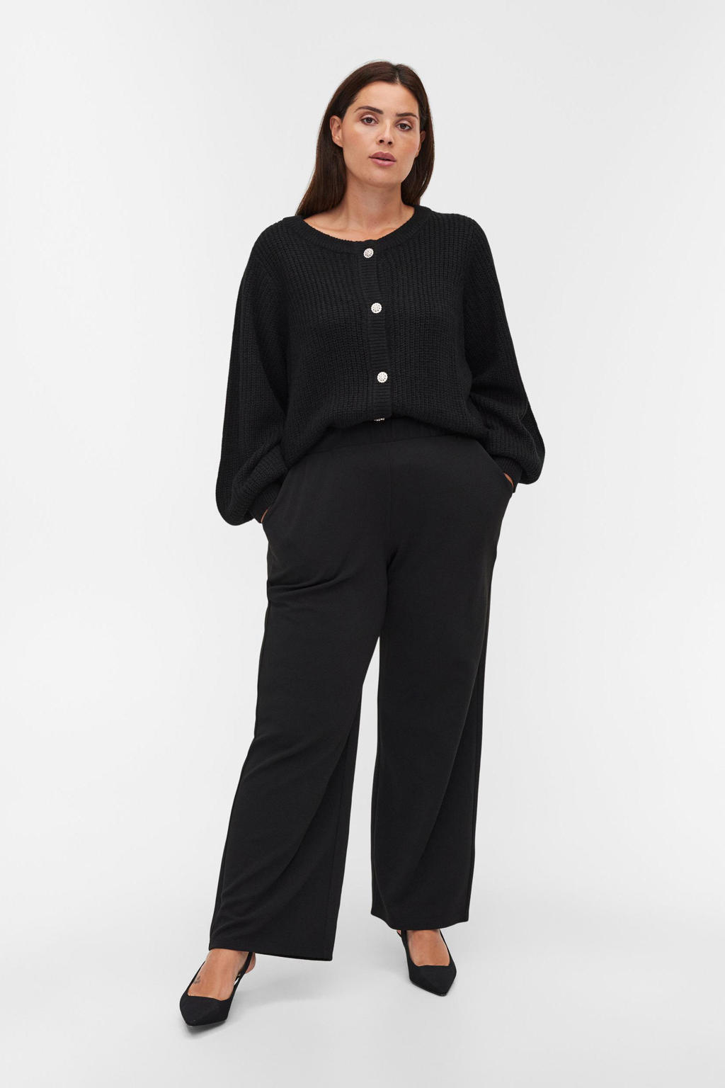 Zwarte dames Zizzi high waist wide leg legging van polyester met elastische tailleband