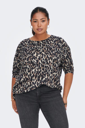 geweven top CARALBA met panterprint grijs/ taupe