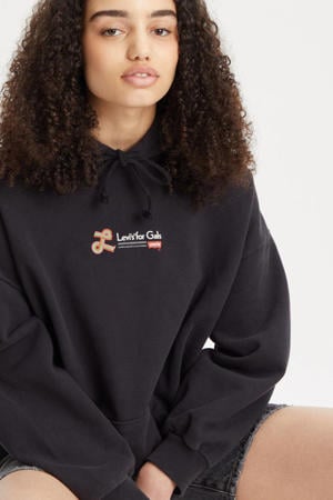 ribgebreide hoodie met printopdruk zwart
