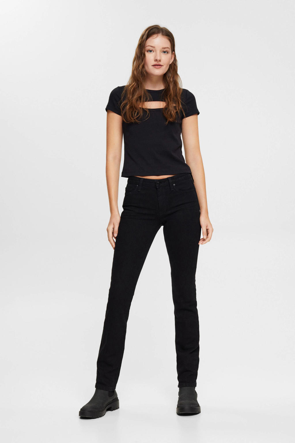 Zwarte dames ESPRIT straight fit jeans van katoen met regular waist en rits- en knoopsluiting