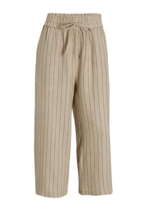 gestreepte cropped high waist wide leg broek met linnen beige