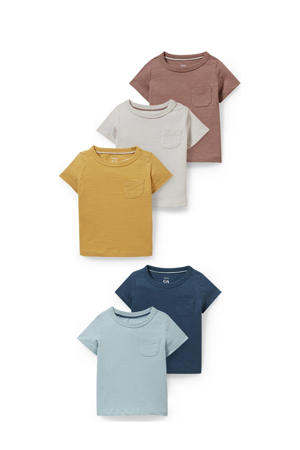 T-shirt - set van 5 blauw/geel/wit/bruin