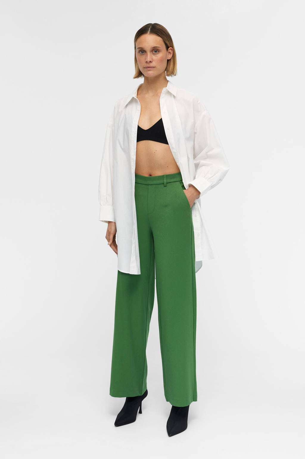 OBJECT wide leg pantalon OBJLISA van gerecycled polyester groen