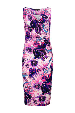 jurk met bladprint en plooien roze/paars/kobaltblauw