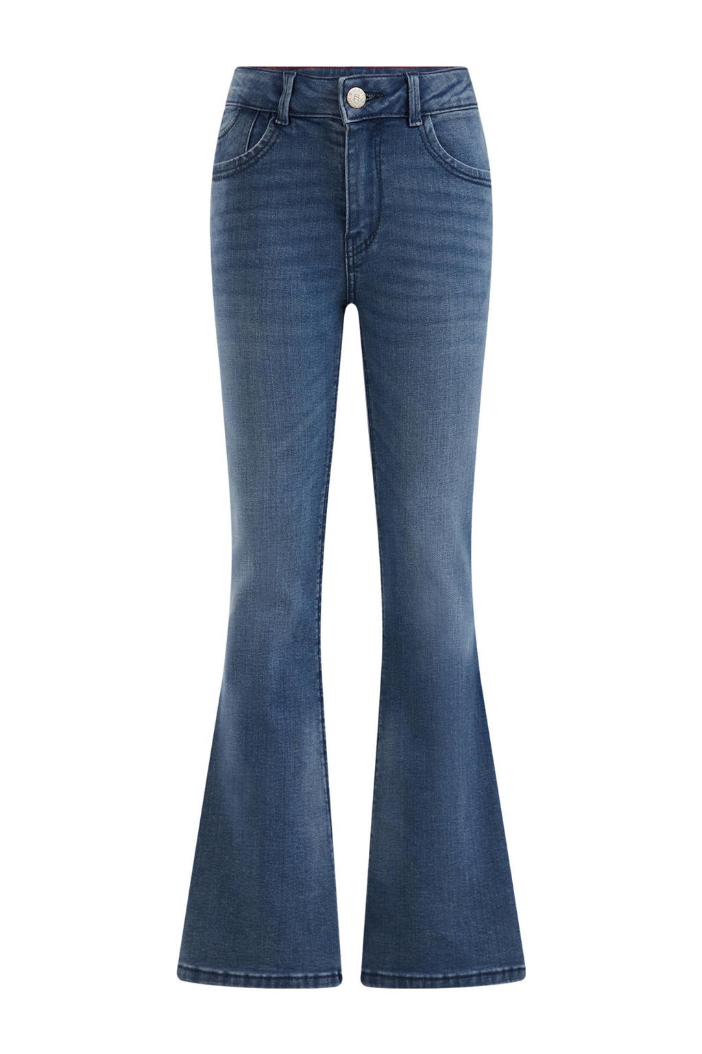Donkerblauwe meisjes WE Fashion Blue Ridge flared jeans blue van stretchdenim met regular waist en rits- en knoopsluiting