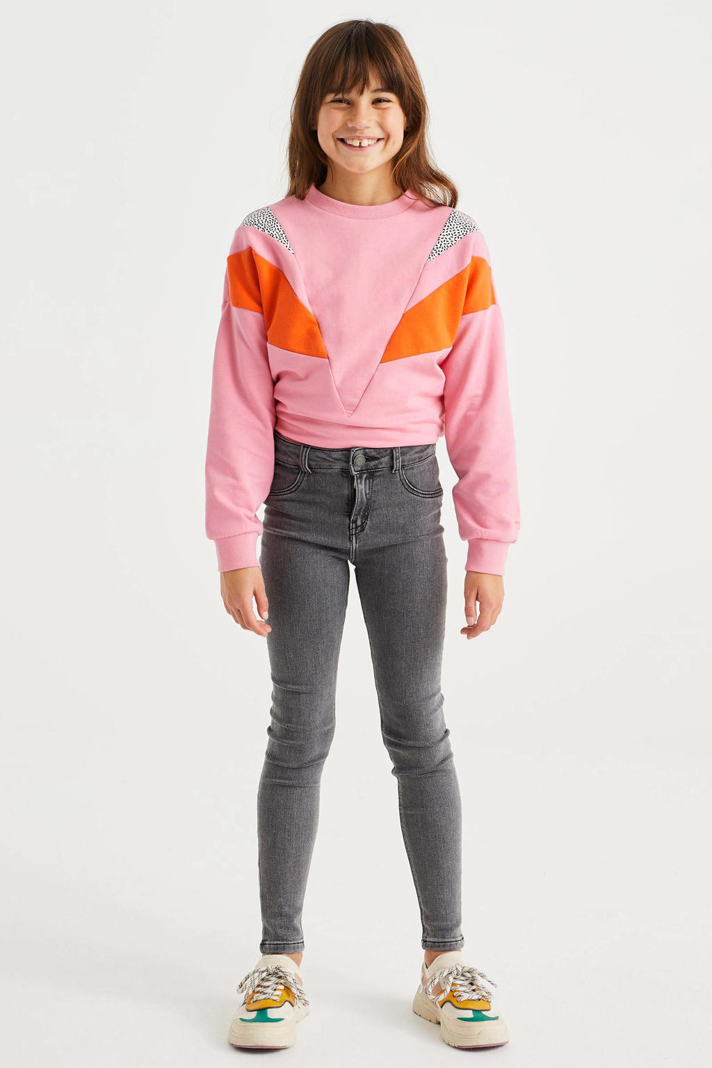 Grijze meisjes WE Fashion super skinny jeans van stretchdenim met regular waist en rits- en knoopsluiting