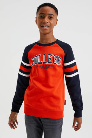 sweater met tekst oranje/zwart/wit