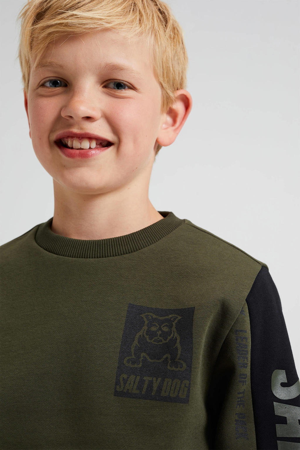 WE Fashion Salty Dog sweater met printopdruk kaki/zwart wehkamp