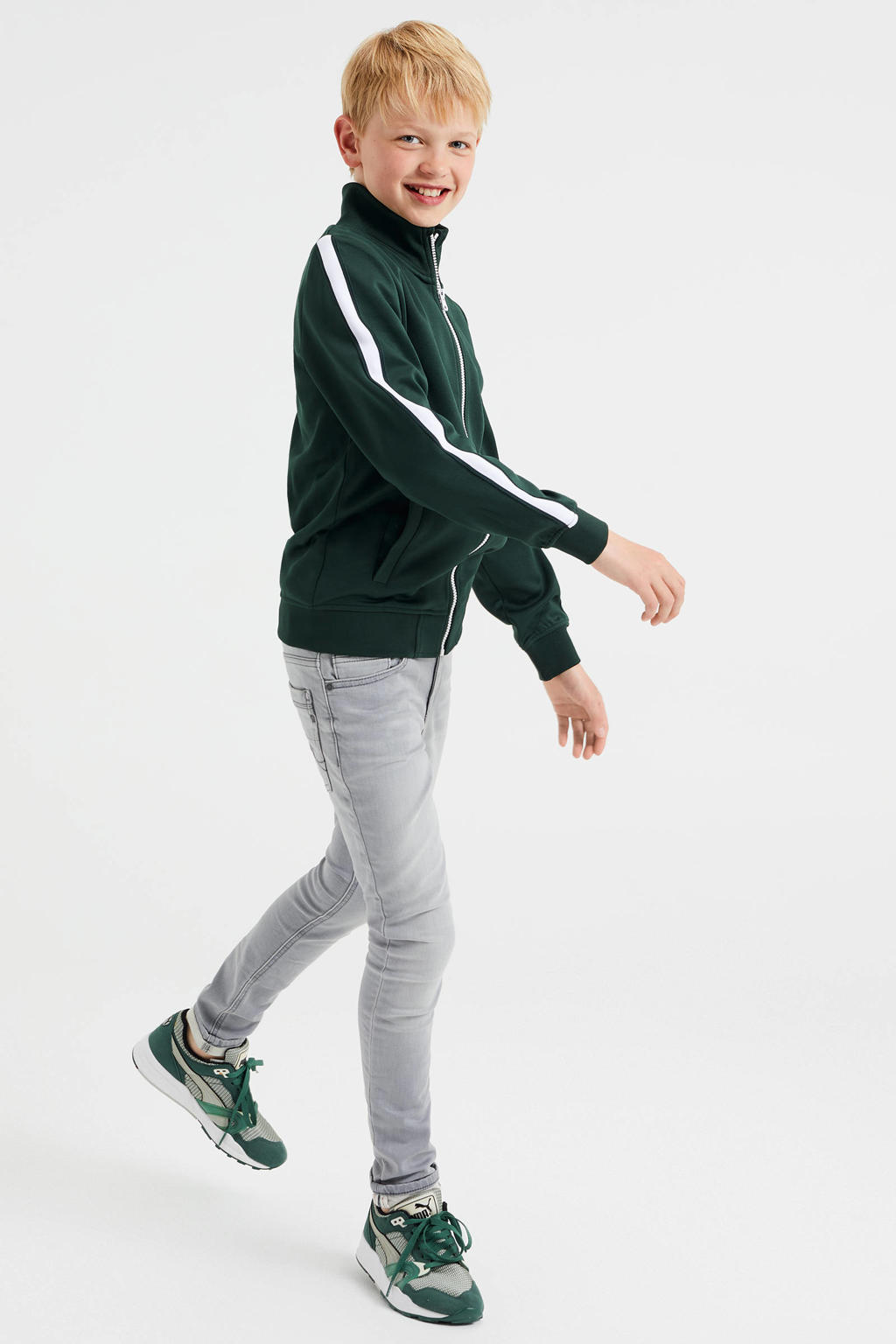WE Fashion sweatvest met tekst donkergroen