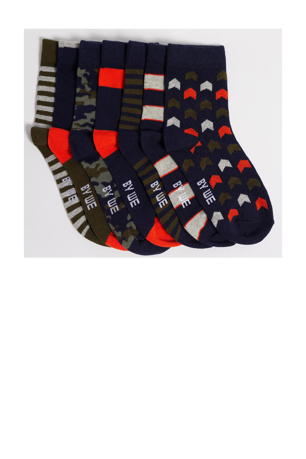 WE Fashion sokken met all-over print - set van 7 donkerblauw/rood/kaki