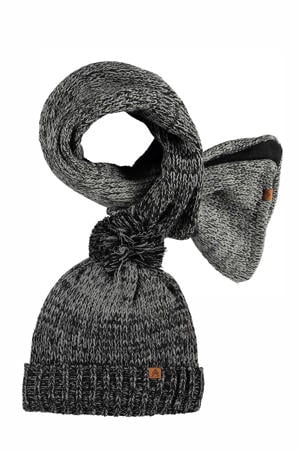 gemeleerde muts + sjaal zwart/antraciet