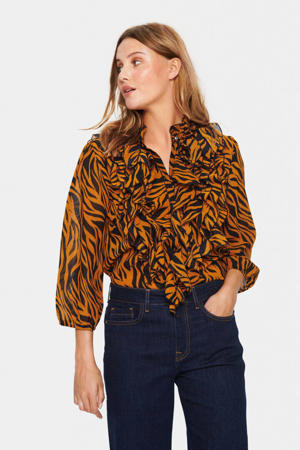 blouse LiljaSZ met zebraprint en ruches bruin/zwart