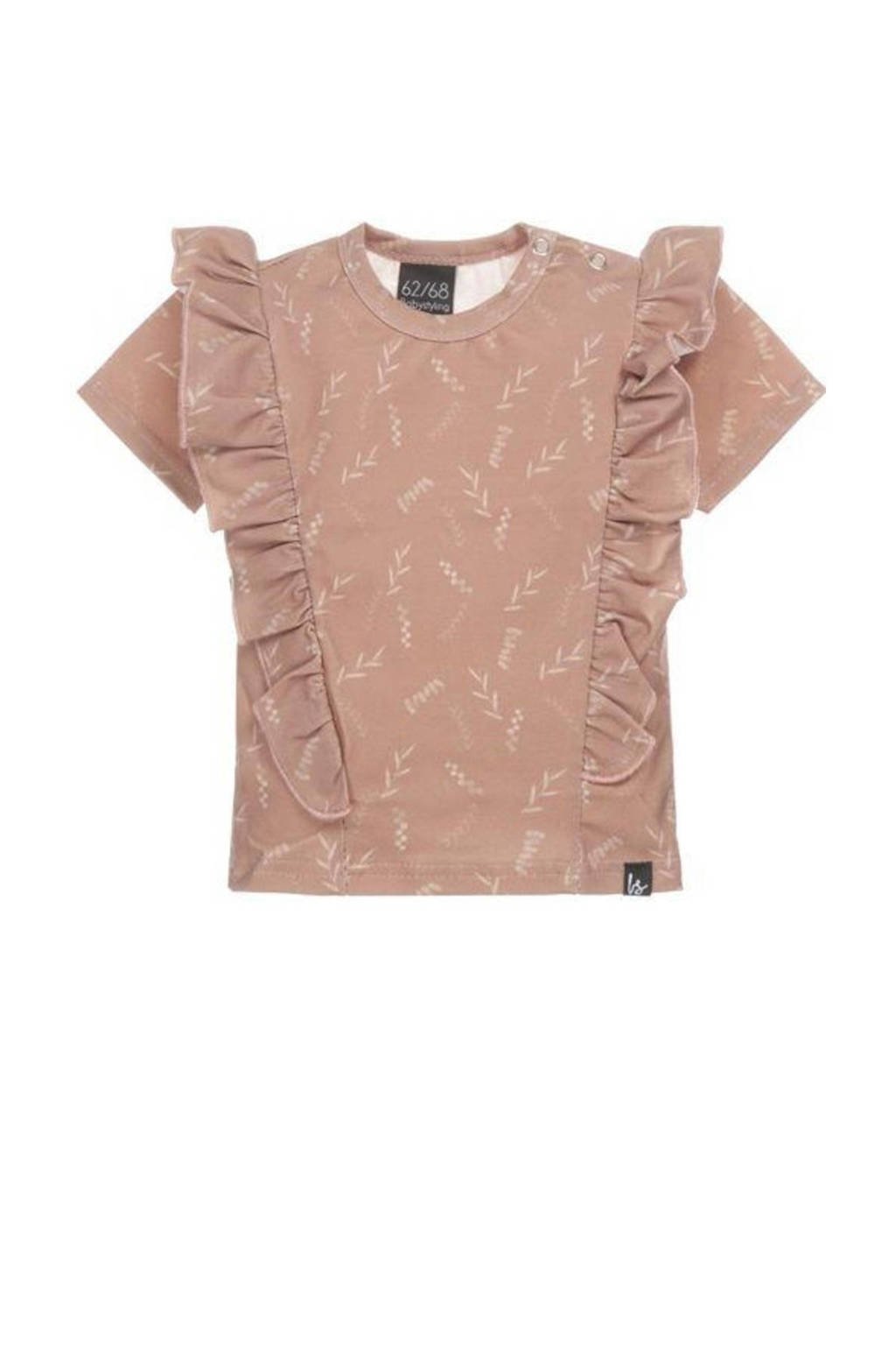 Babystyling T-shirt met bladprint en ruches oudroze
