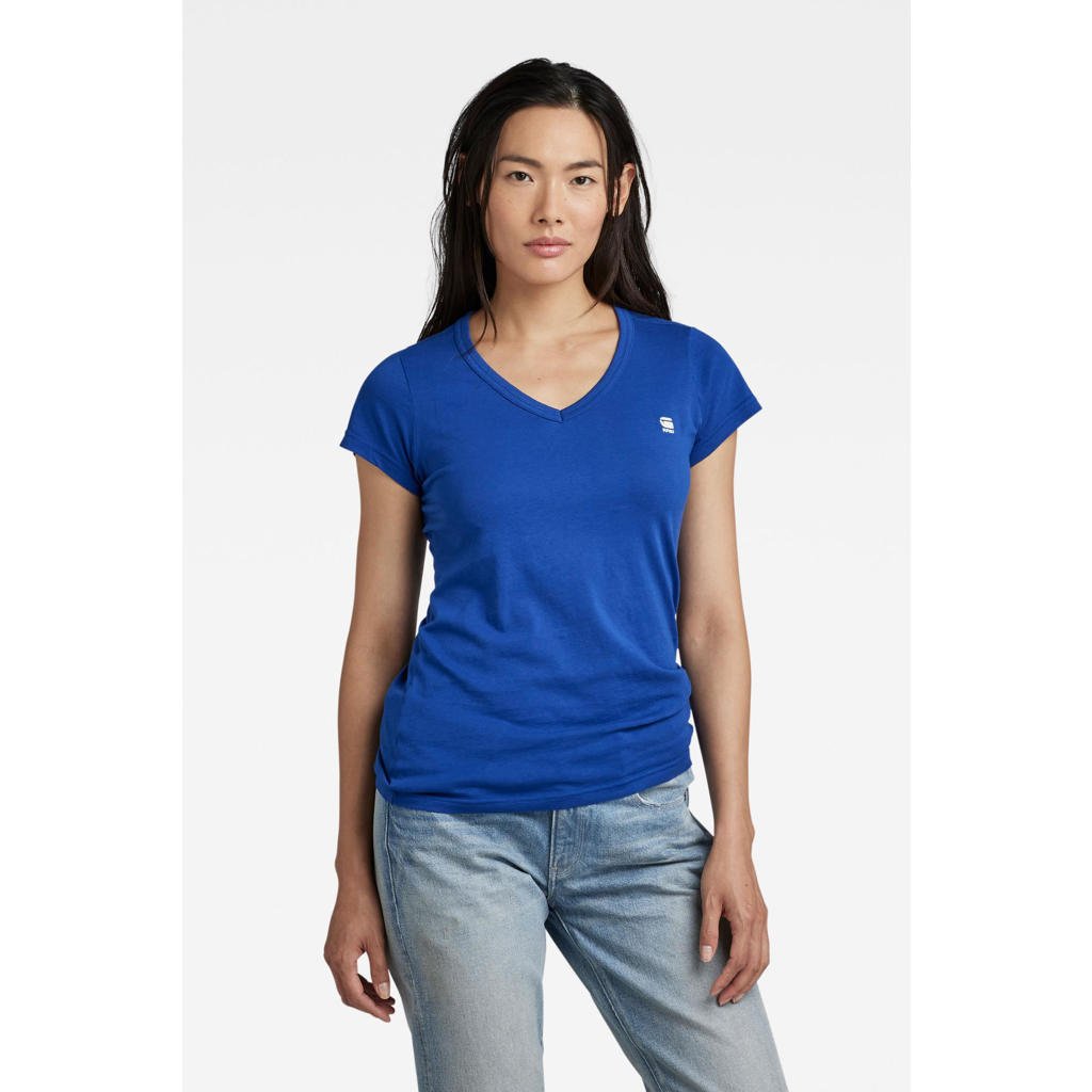 Blauwe dames G-Star RAW T-shirt van katoen met logo dessin, korte mouwen en V-hals