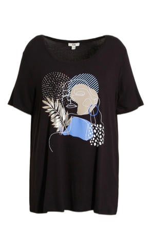 T-shirt met printopdruk zwart/blauw/beige