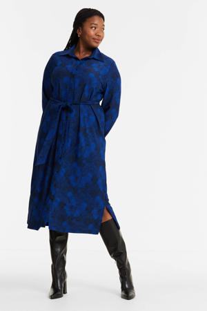 gebloemde blousejurk Danique van travelstof koningsblauw/zwart