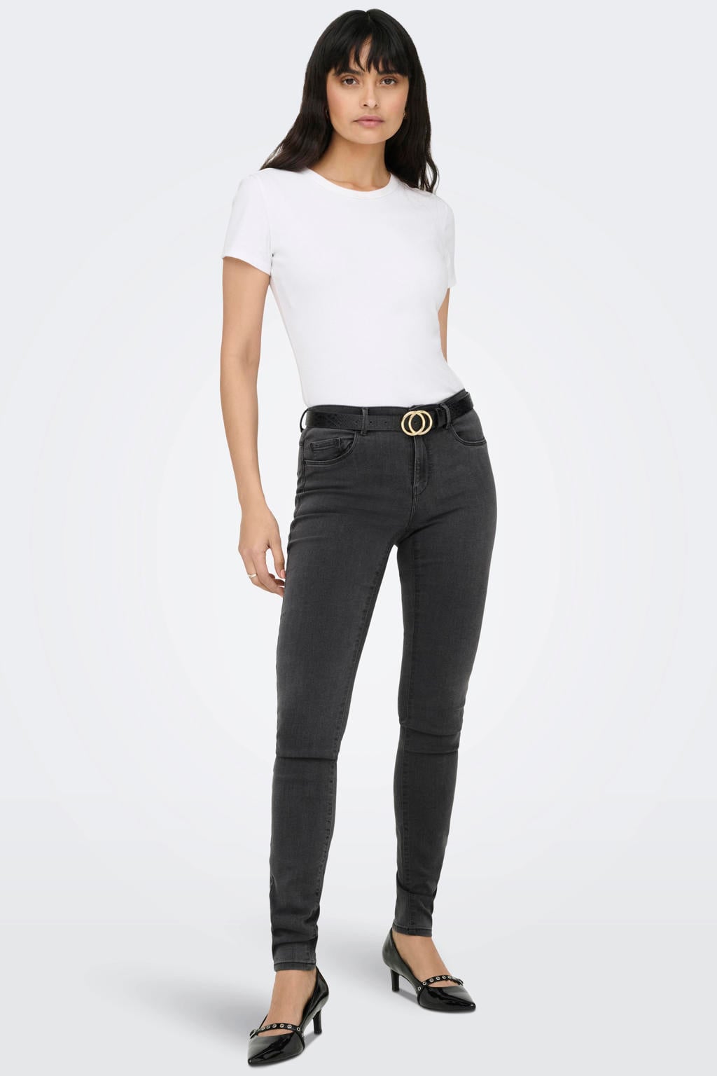 Grijze dames ONLY skinny jeans van stretchdenim met regular waist, rits- en knoopsluiting en effen