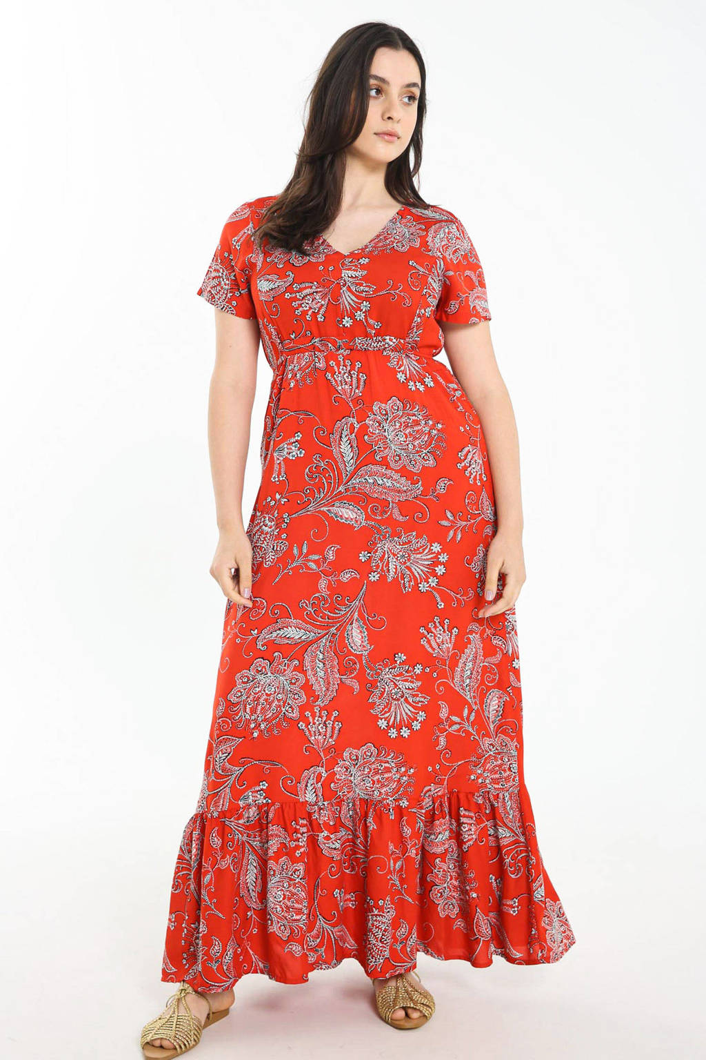 Cassis maxi A-lijn jurk met all over print en plooien rood