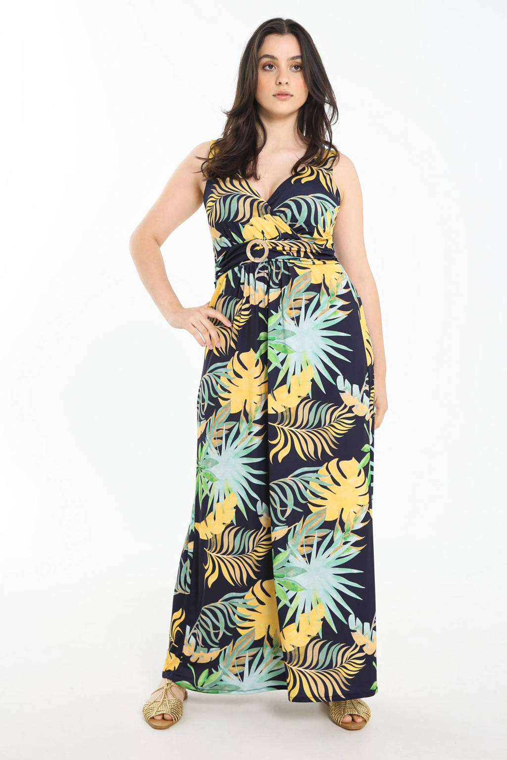 Cassis maxi jurk met bladprint en ceintuur donkerblauw/geel/groen
