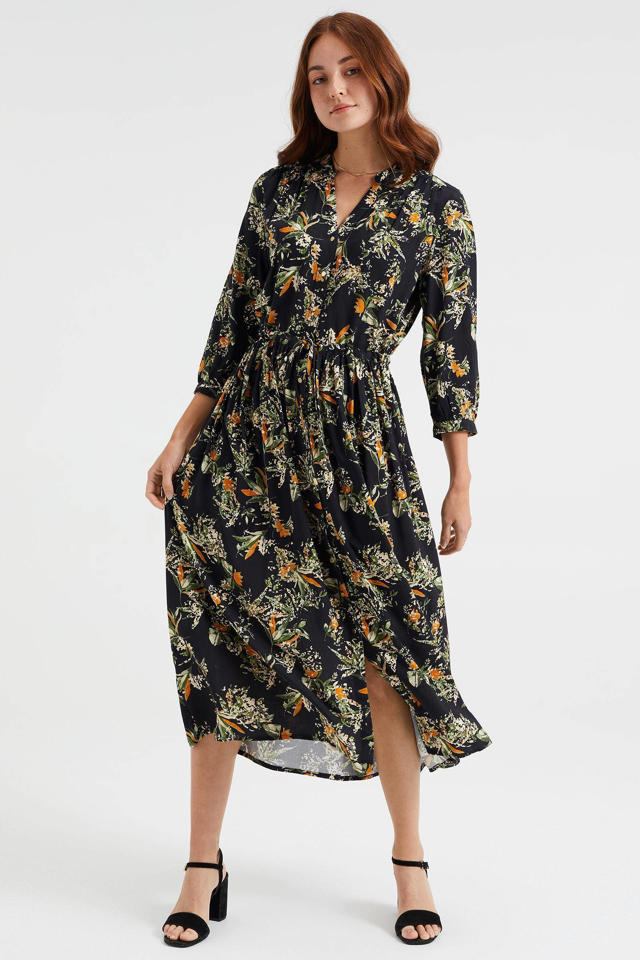 Zeebrasem Duur Gespierd WE Fashion maxi jurk met bloemenprint zwart/groen/oranje | wehkamp