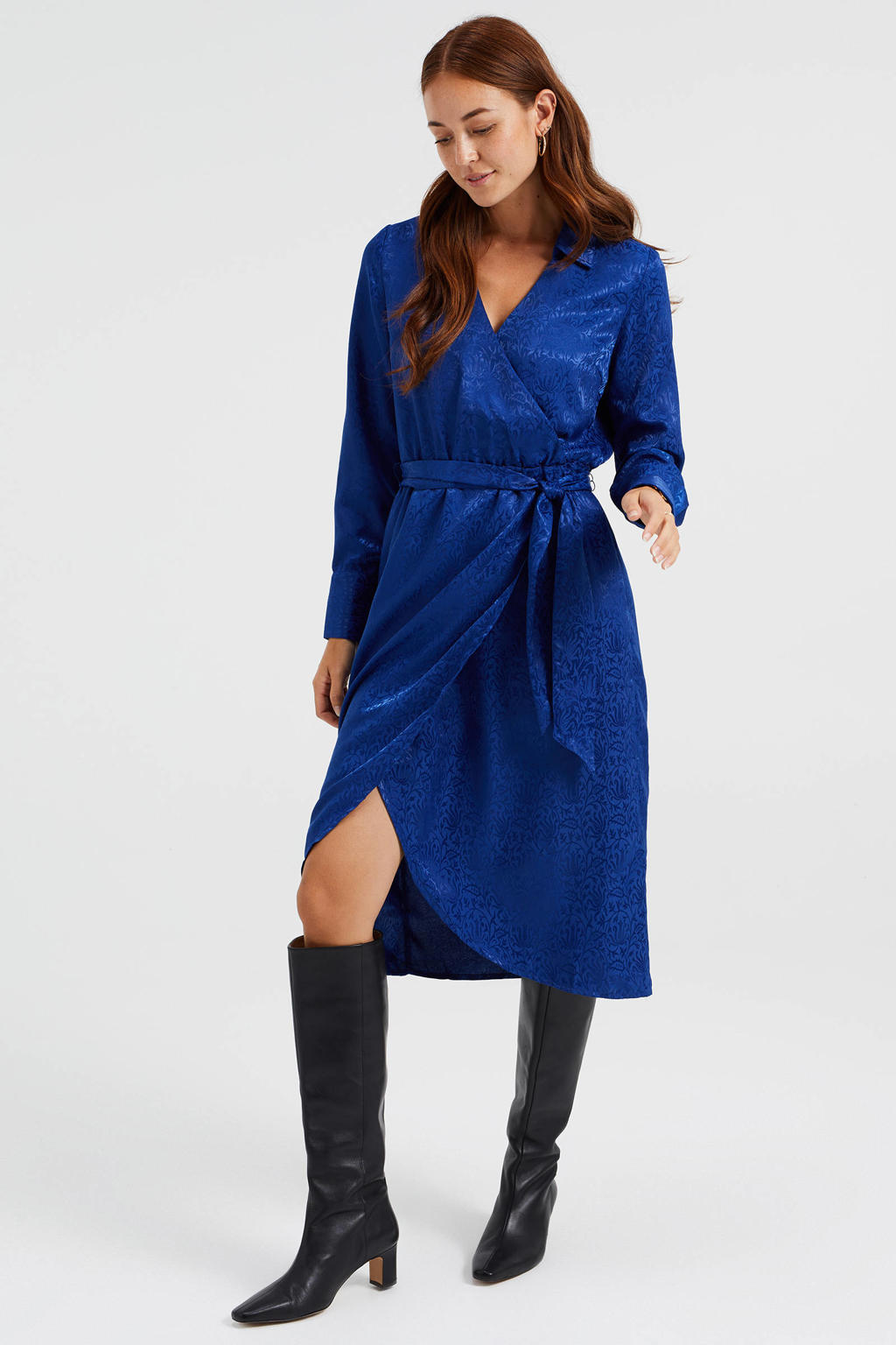 Blauwe dames WE Fashion wikkeljurk met ceintuur van polyester met jacquard dessin, lange mouwen en V-hals