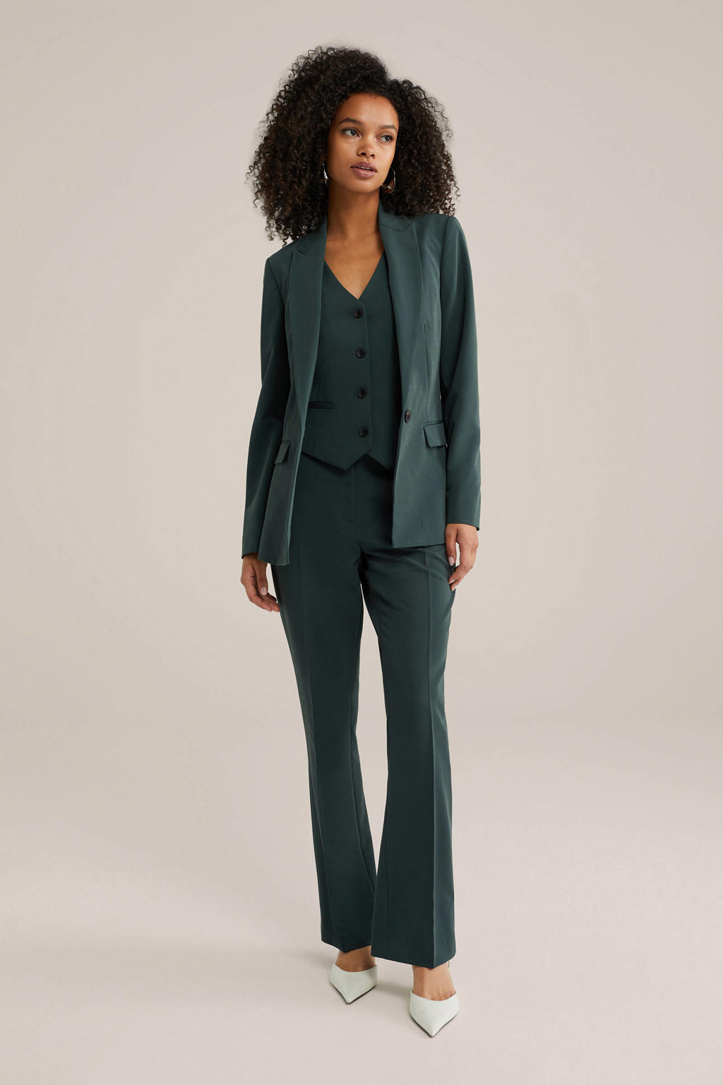Donkergroene dames WE Fashion getailleerde blazer van polyester met effen, lange mouwen, reverskraag, knoopsluiting en geweven detail