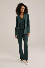 thumbnail: Donkergroene dames WE Fashion getailleerde blazer van polyester met effen, lange mouwen, reverskraag, knoopsluiting en geweven detail