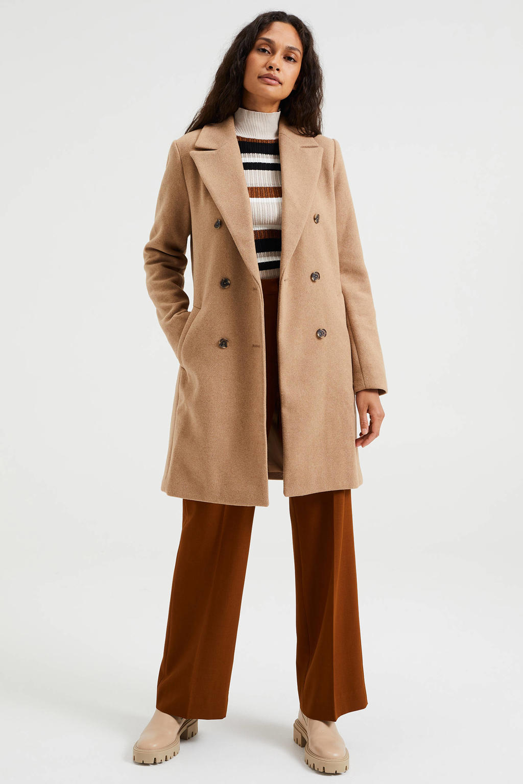 WE Fashion double breasted coat met wol beige