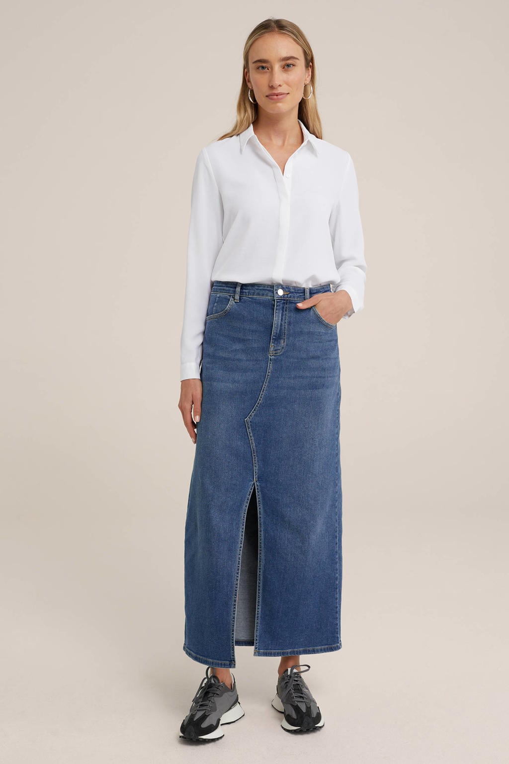 Witte dames WE Fashion blouse van polyester met effen, lange mouwen, klassieke kraag en knoopsluiting