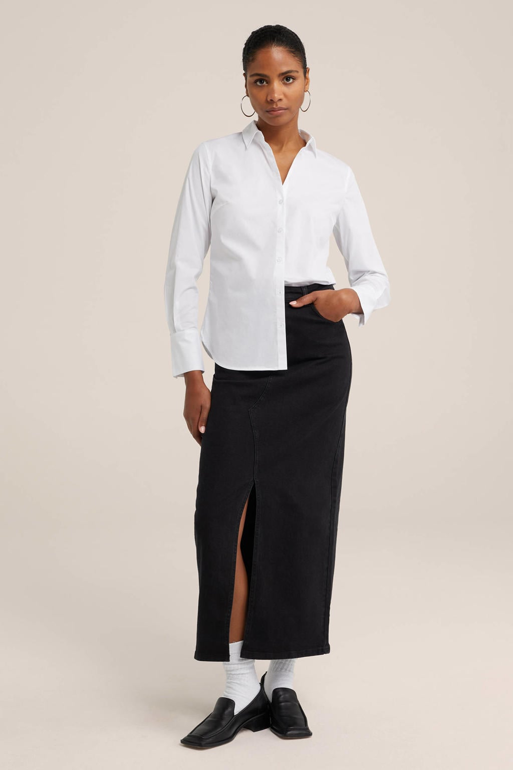 Witte dames WE Fashion blouse van katoen met effen, lange mouwen, klassieke kraag en knoopsluiting