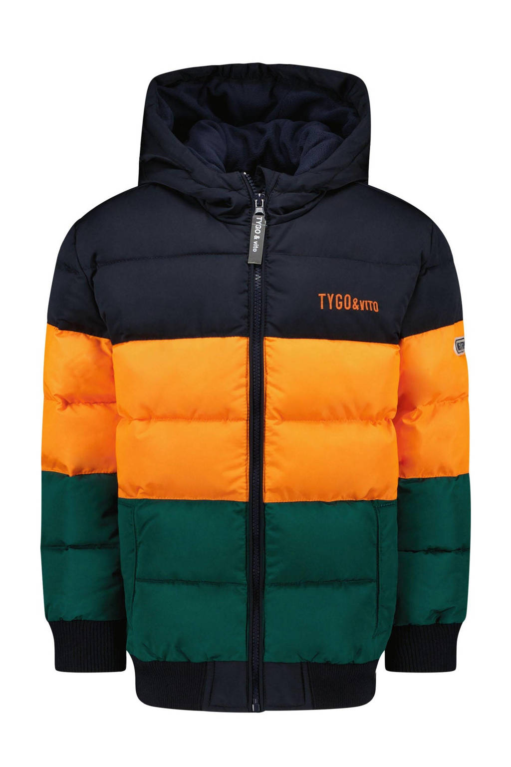 TYGO & vito gewatteerde winterjas van gerecycled polyester donkerblauw/oranje/groen